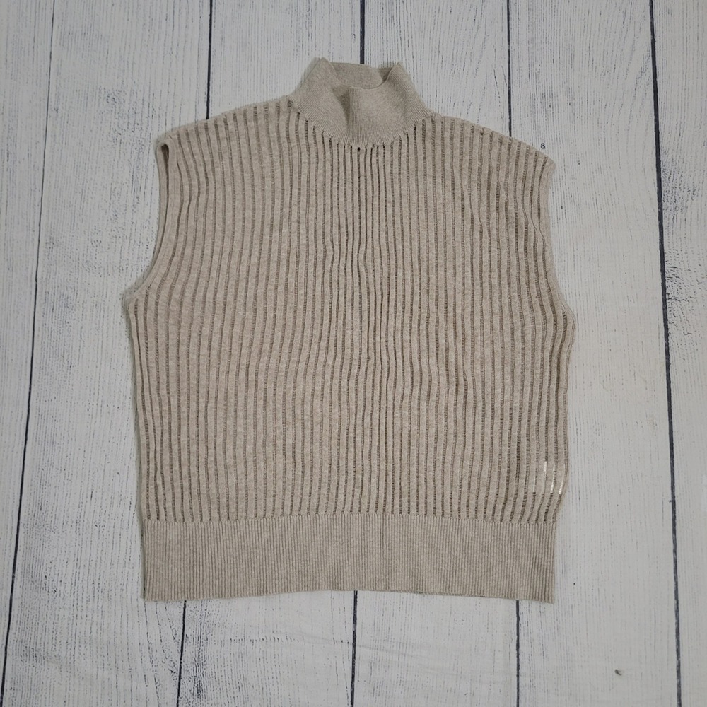 LINE XS‎ Mock Neck Ribbed Sleeveless Knit Top Womens Beige Cotton Linen Blend